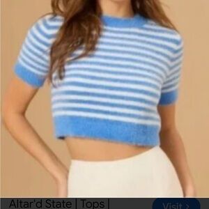 Altar'd State Blue and White Striped Fuzzy Crop Top